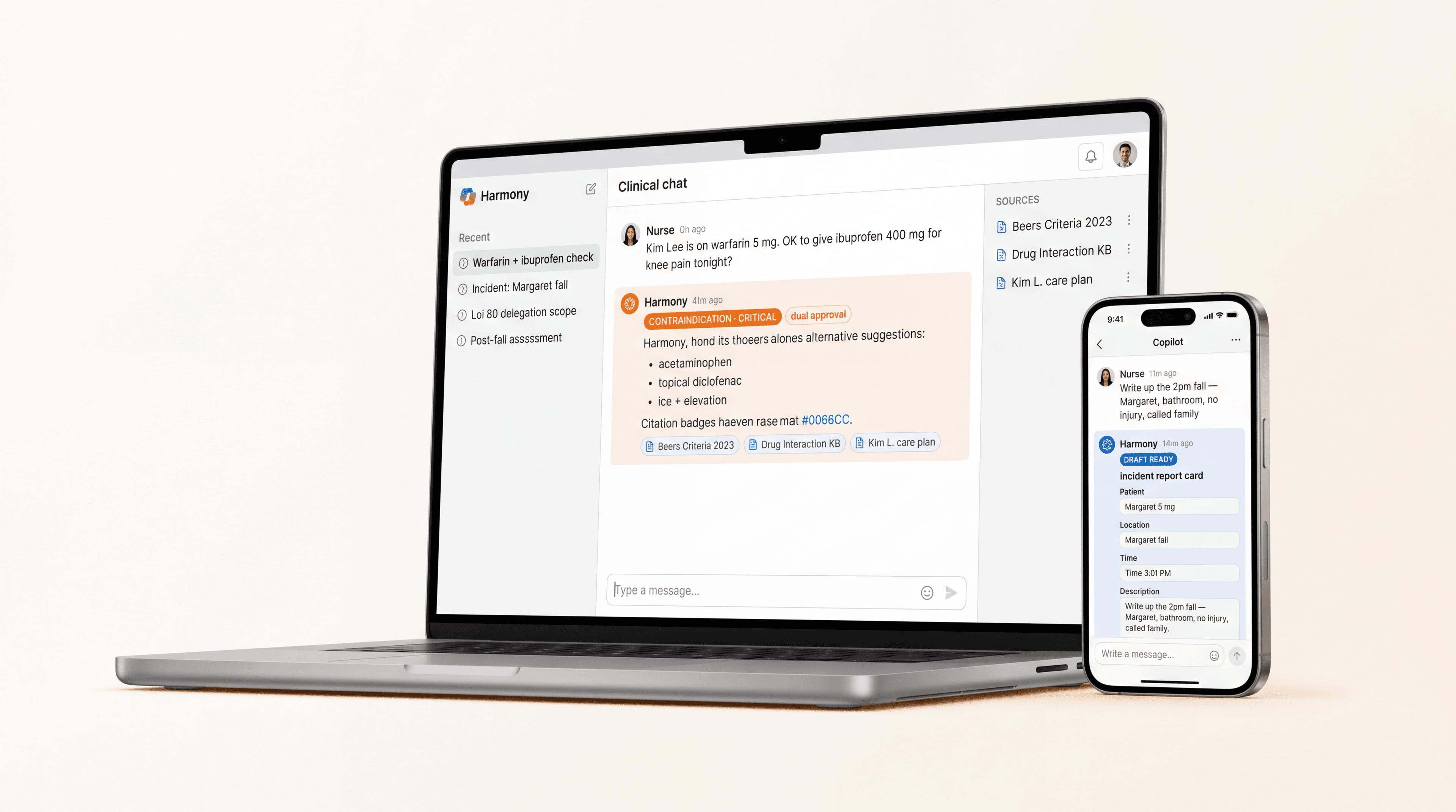 Harmony Copilot: clinical chat on MacBook showing warfarin + ibuprofen contraindication with citations, alongside an iPhone draft of an incident report