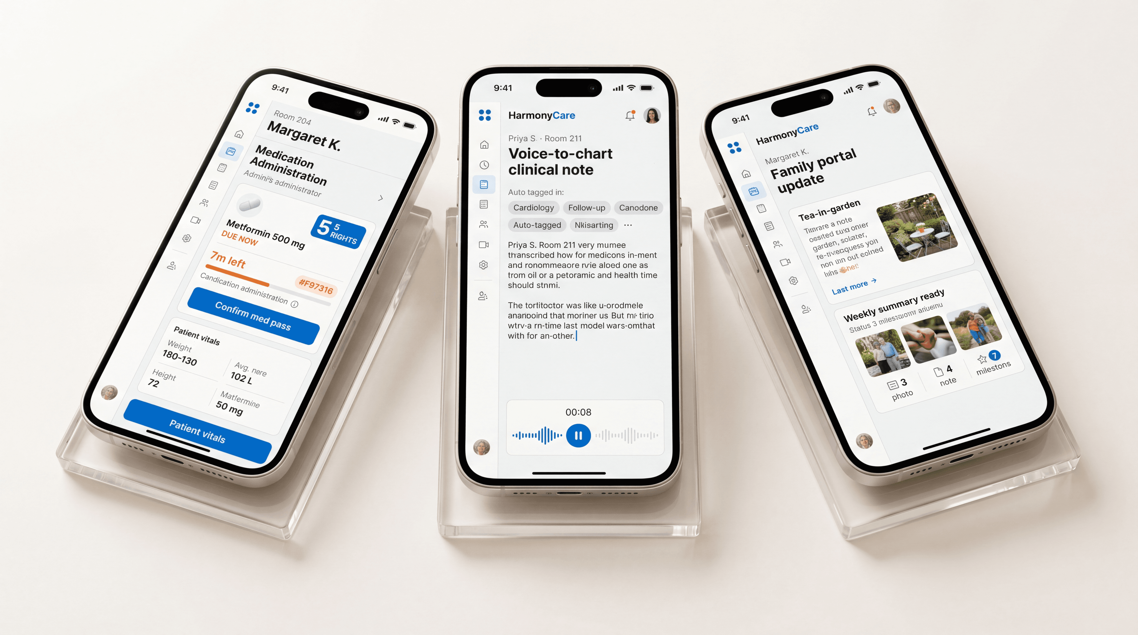 Three iPhones on crystal stands: medication administration for Margaret K., voice-to-chart clinical note for Priya S., and a family portal update